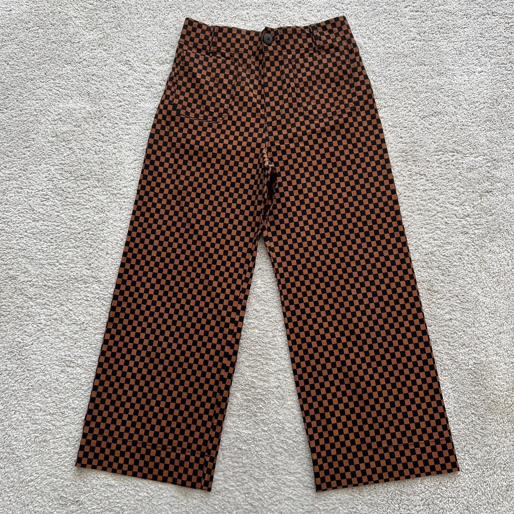 Maeve Anthropologie The Colette Bronze Check Pants Womens 29 Wide Leg Cropped